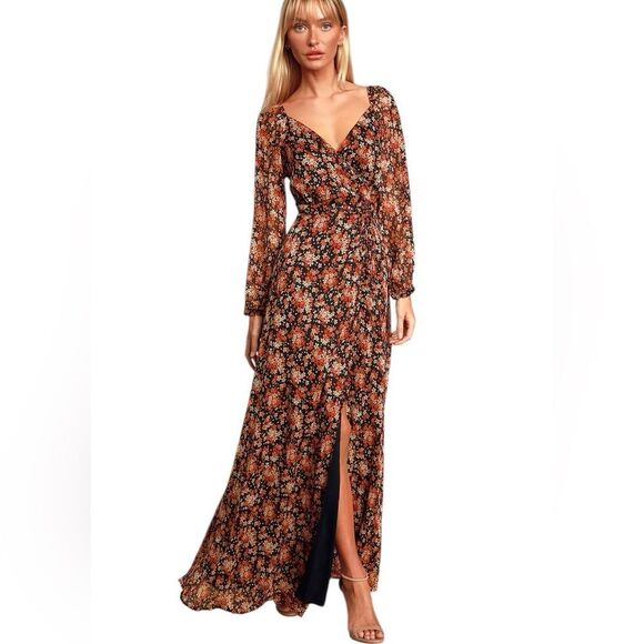 LuLus True To Love Chiffon Wrap Maxi Dress Black Floral Fairy Dark Romantic Chic - Picture 3 of 16